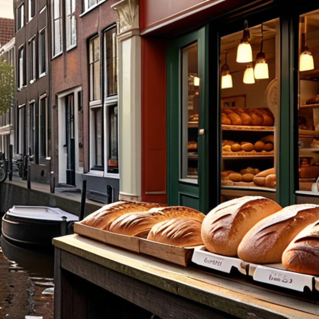**Cozy Amsterdam bakery storefront, artisan bread display, morning light, canal in background.** (Focuses on the bakery example's strengths and location)