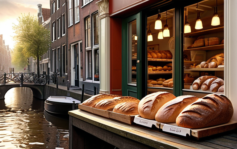 **Cozy Amsterdam bakery storefront, artisan bread display, morning light, canal in background.** (Focuses on the bakery example's strengths and location)